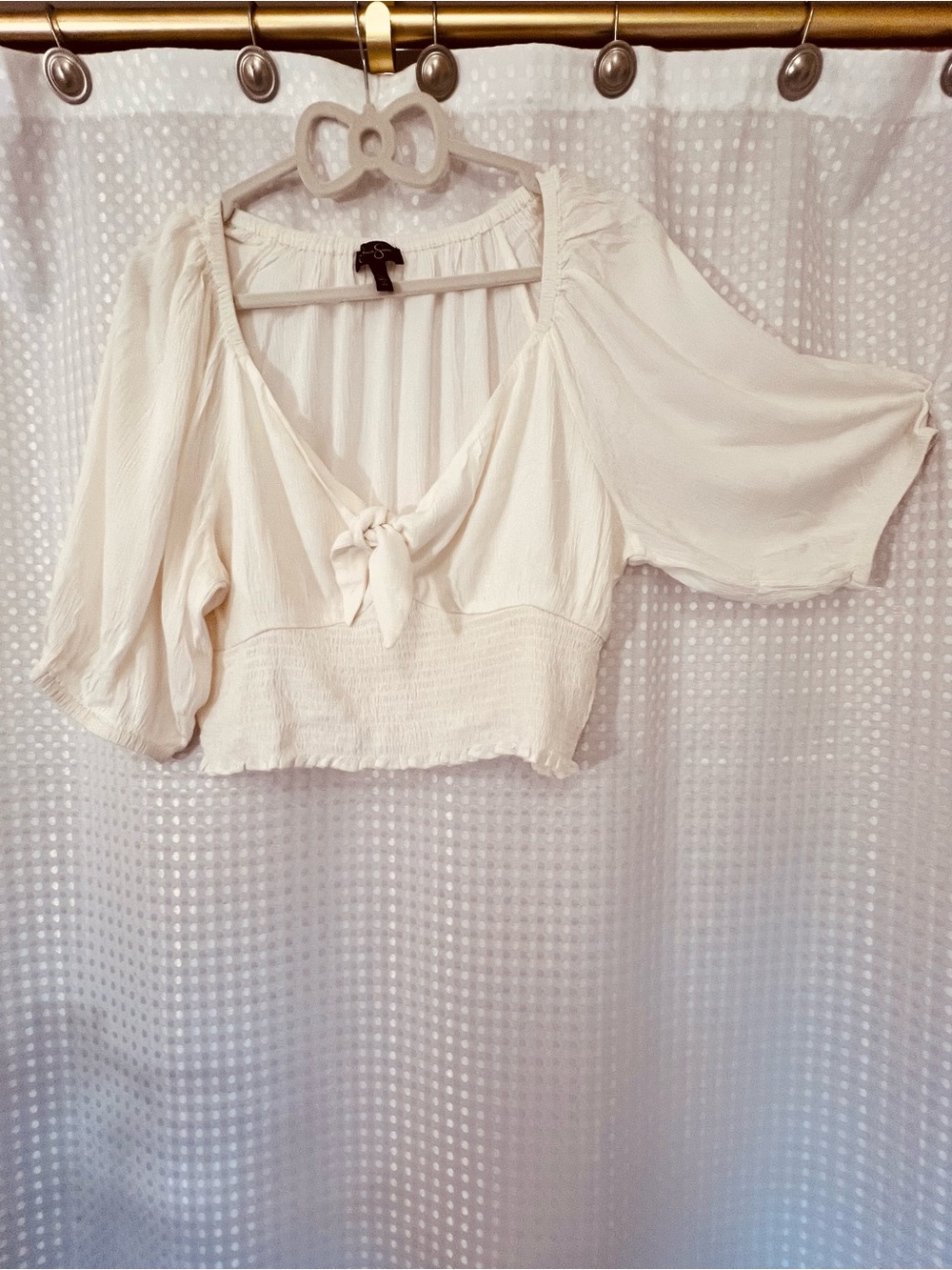 Jessica Simpson Cream Tie-Front Puff Sleeve Crop Top